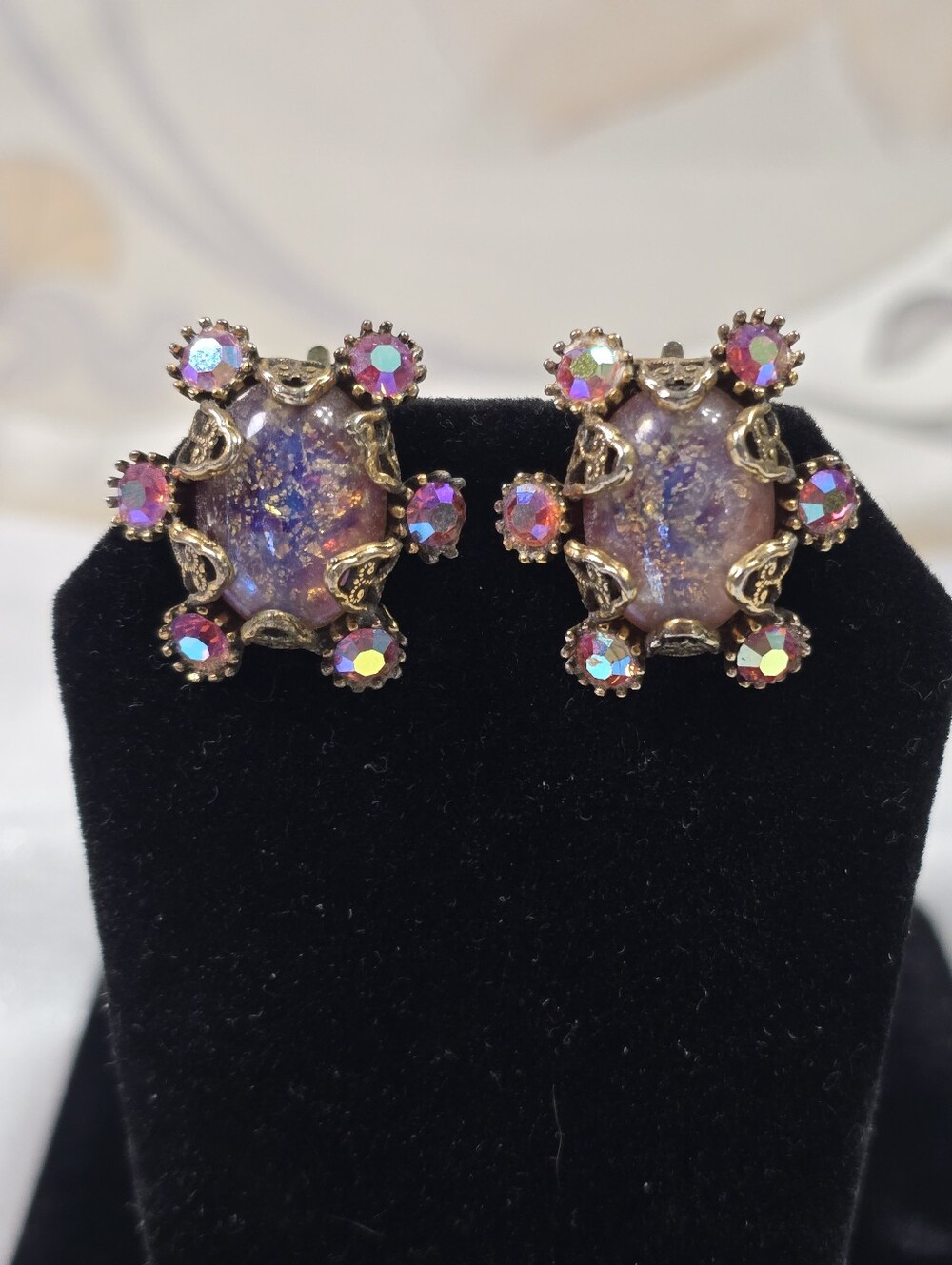 Vintage Hollycraft Opaline Cabochons Clip-On Earrings
